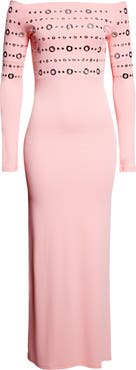 Rabanne Embellished Off the Shoulder Long Sleeve Jersey Dress