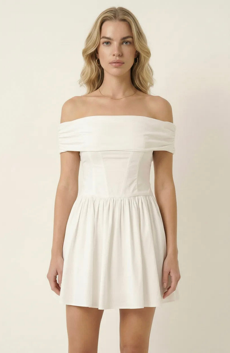 Modenaire Off-Shoulder Ruched Bodice Mini Dress with Flowy Skirt, Alternate, color, White