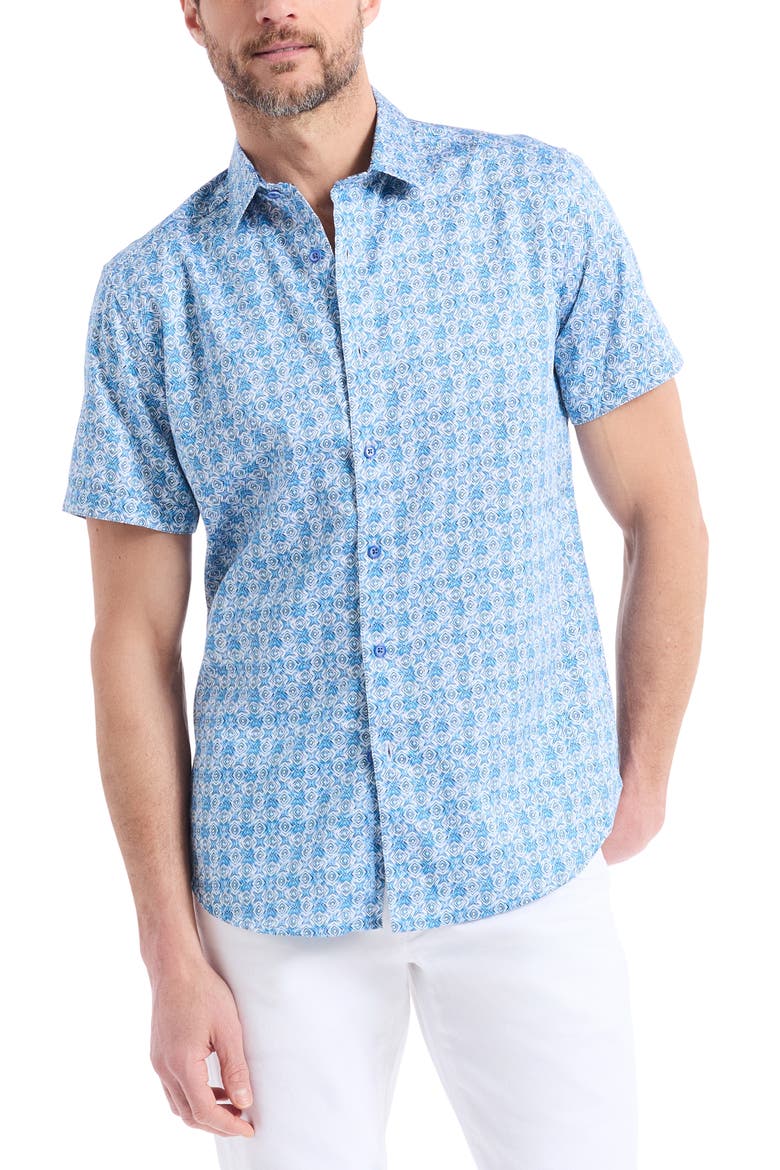 Geometric Print Short Sleeve Button-Up Shirt, Main, color, BLUE