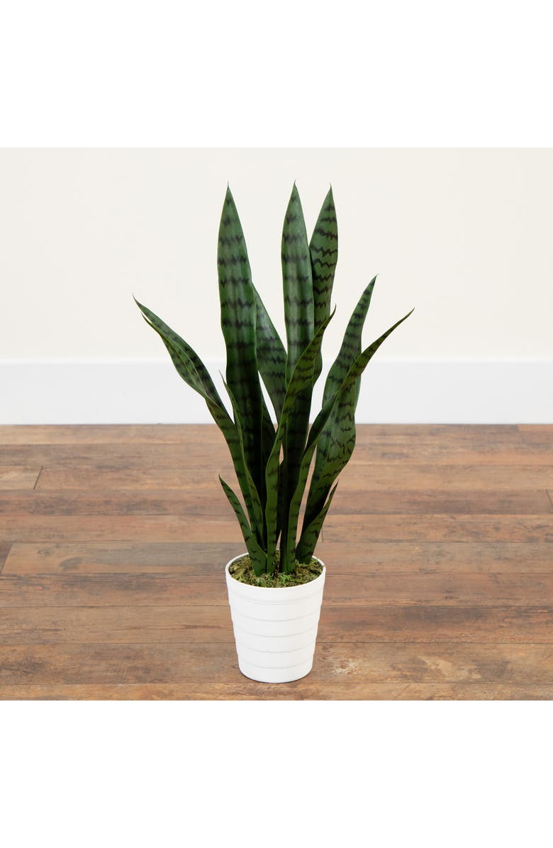 NEARLY NATURAL 2-ft UV Resistant Artificial Sansevieria Snake Plant in White Decorative Planter, Alternate, color, Green