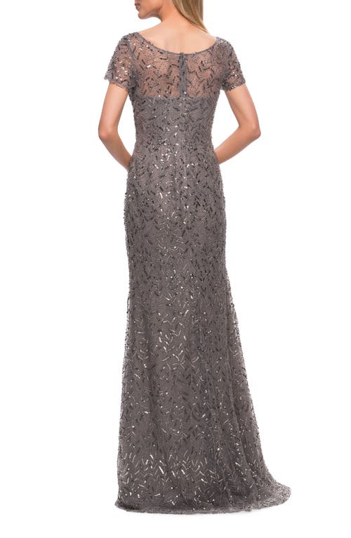La Femme Beaded Long Dress With Illusion Top And Sleeves In Silver