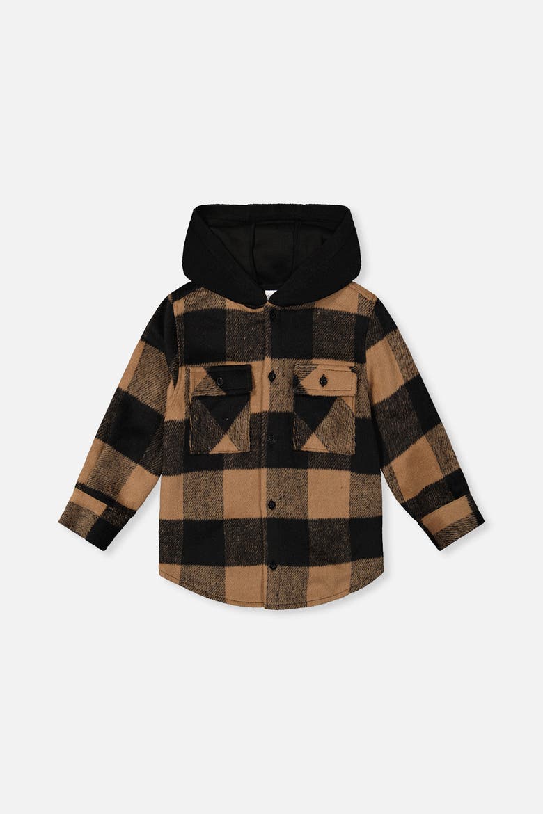 Flannel Fleece Hood Chest Pocket Shirt, Main, color, Brown and Black Plaid