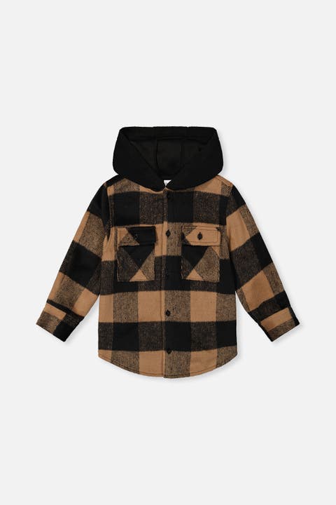 Flannel Fleece Hood Chest Pocket Shirt