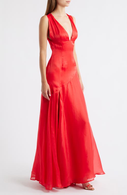 Sonya Moda Alma Plunge Bias Cut Silk Organza Gown In Red