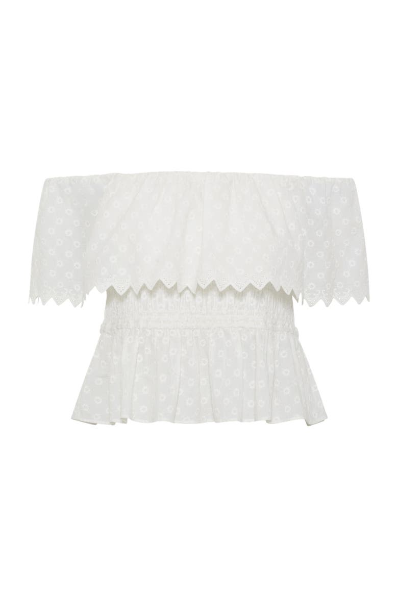 Smocked Bardot Ruffle Eyelet Blouse, Alternate, color, White