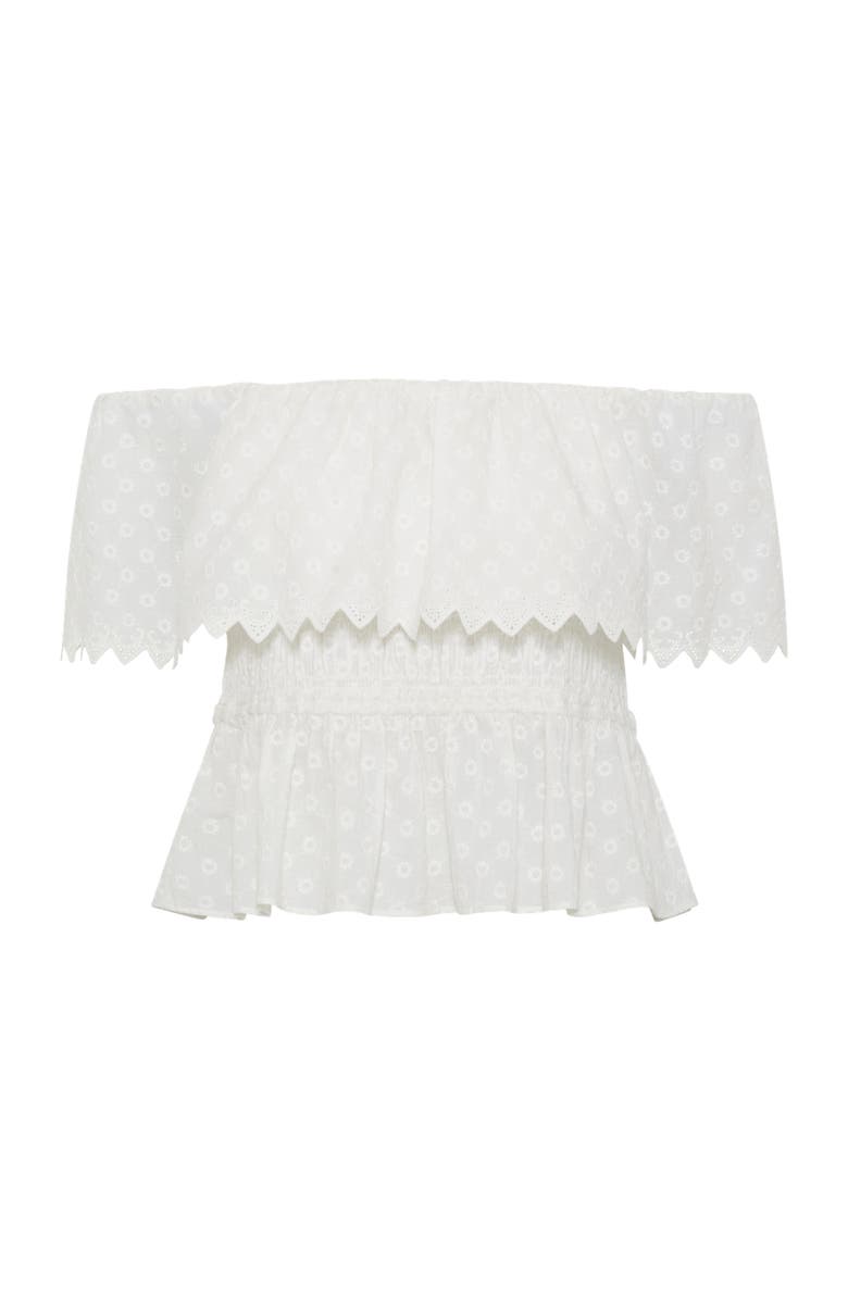 GERARD DAREL Smocked Bardot Ruffle Eyelet Blouse, Alternate, color, White