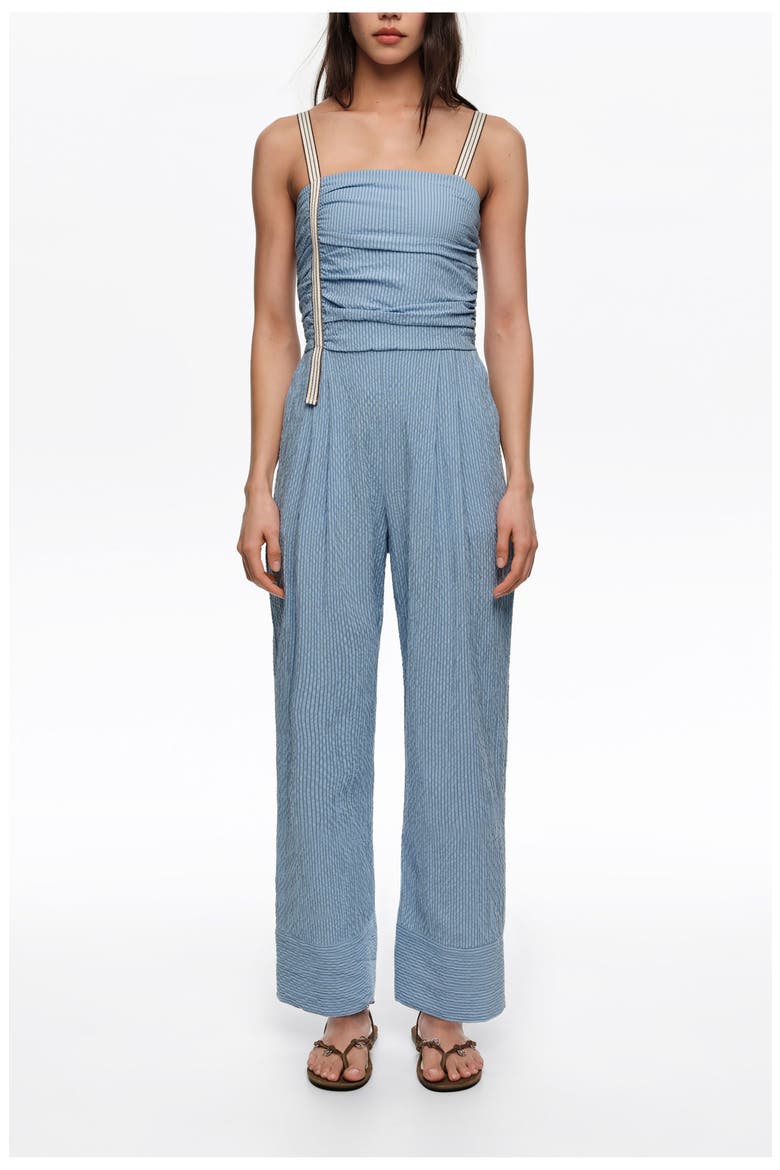 Striped Jumpsuit With Gathered Straps, Main, color, LIGHT BLUE