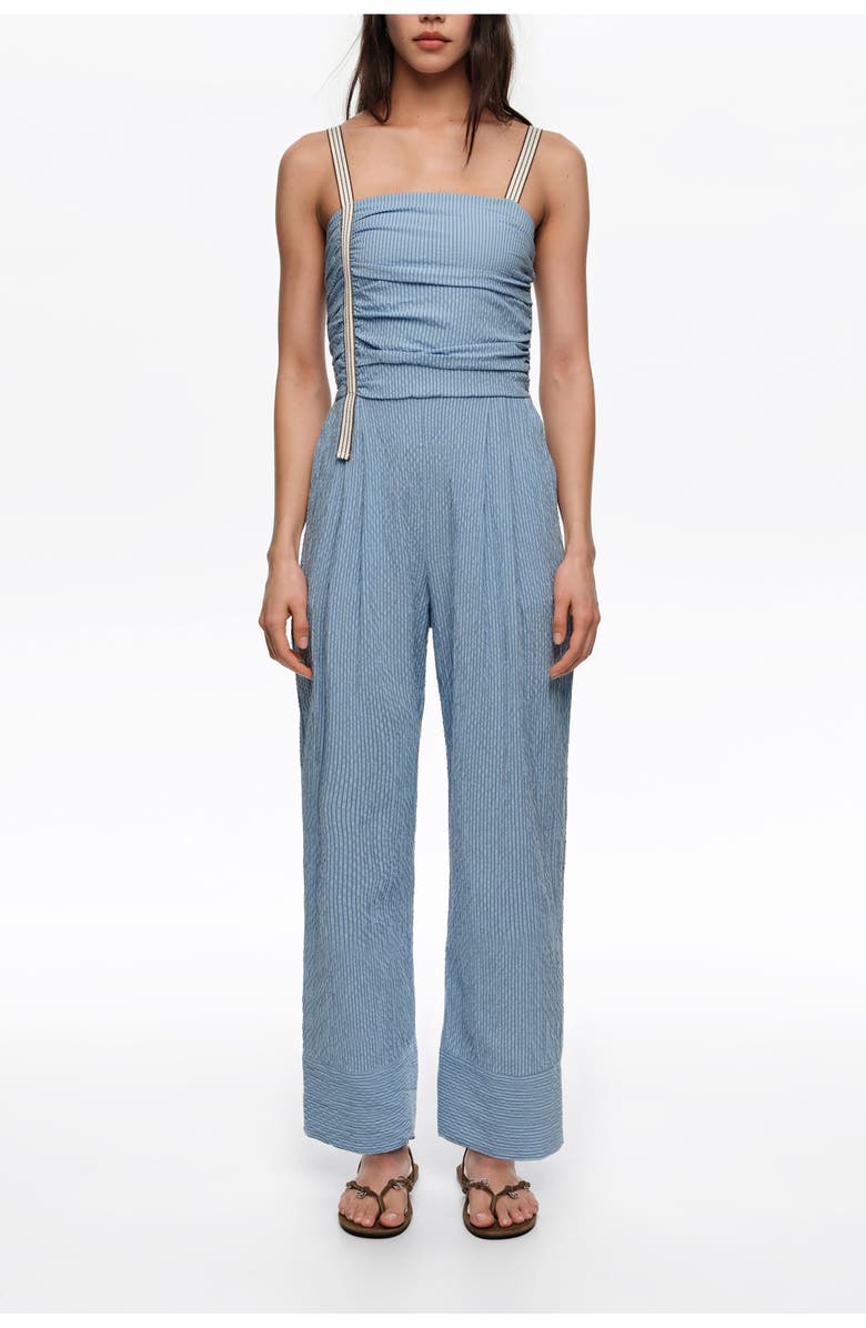 Bimba y Lola Striped Jumpsuit With Gathered Straps, Main, color, Light Blue