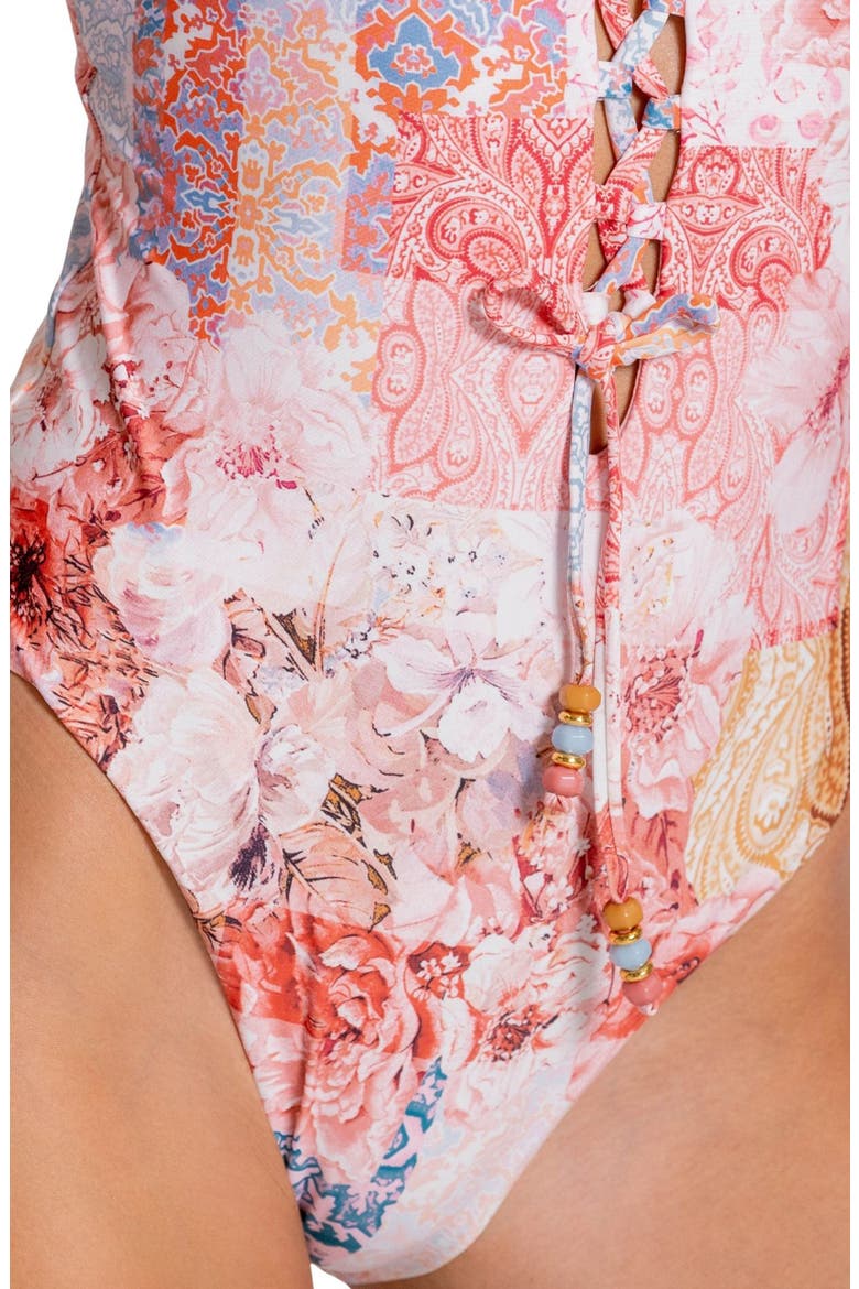Ruffle Lace-Up One-Piece Swimsuit, Alternate, color, MULTI