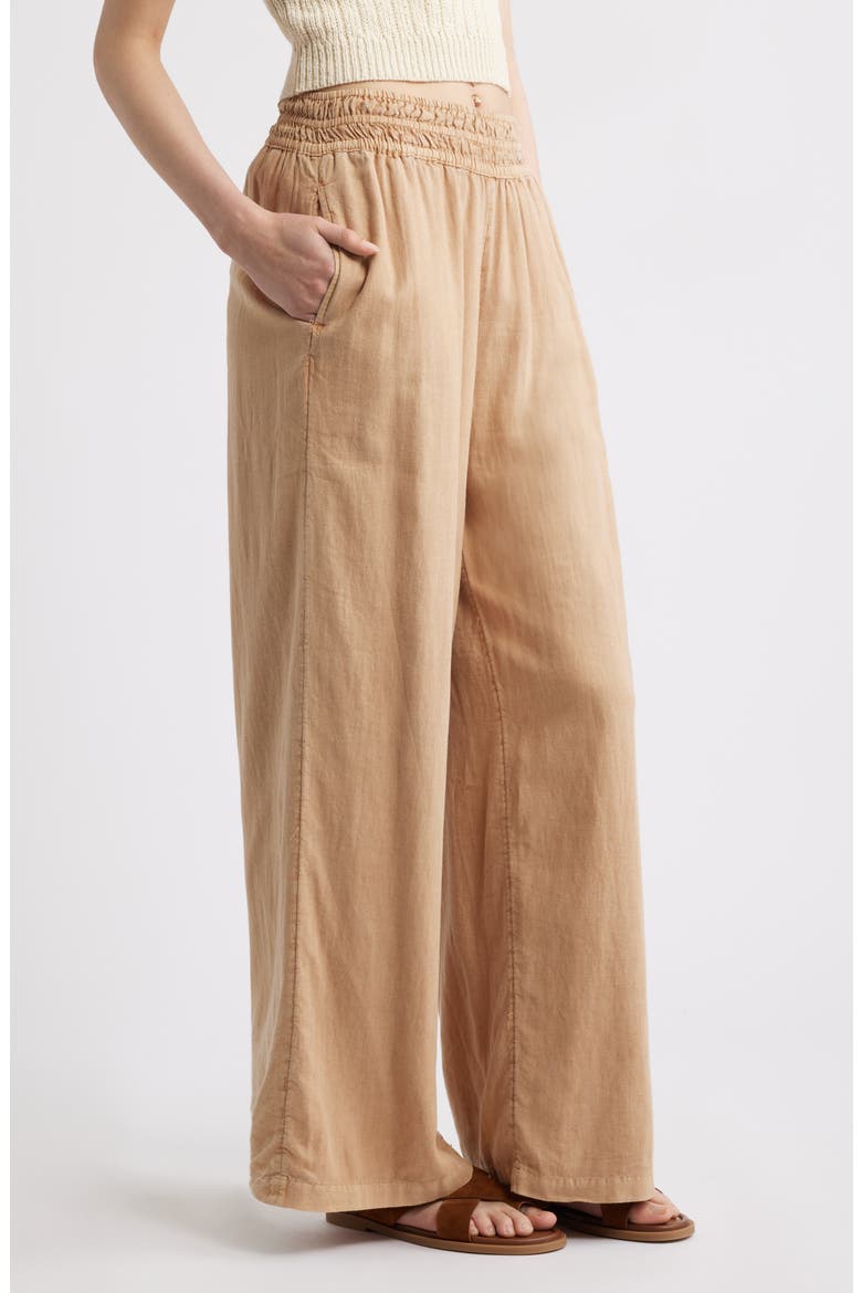 Linen Blend Smocked Waist Wide Leg Pants, Alternate, color, TAN ICED COFFEE