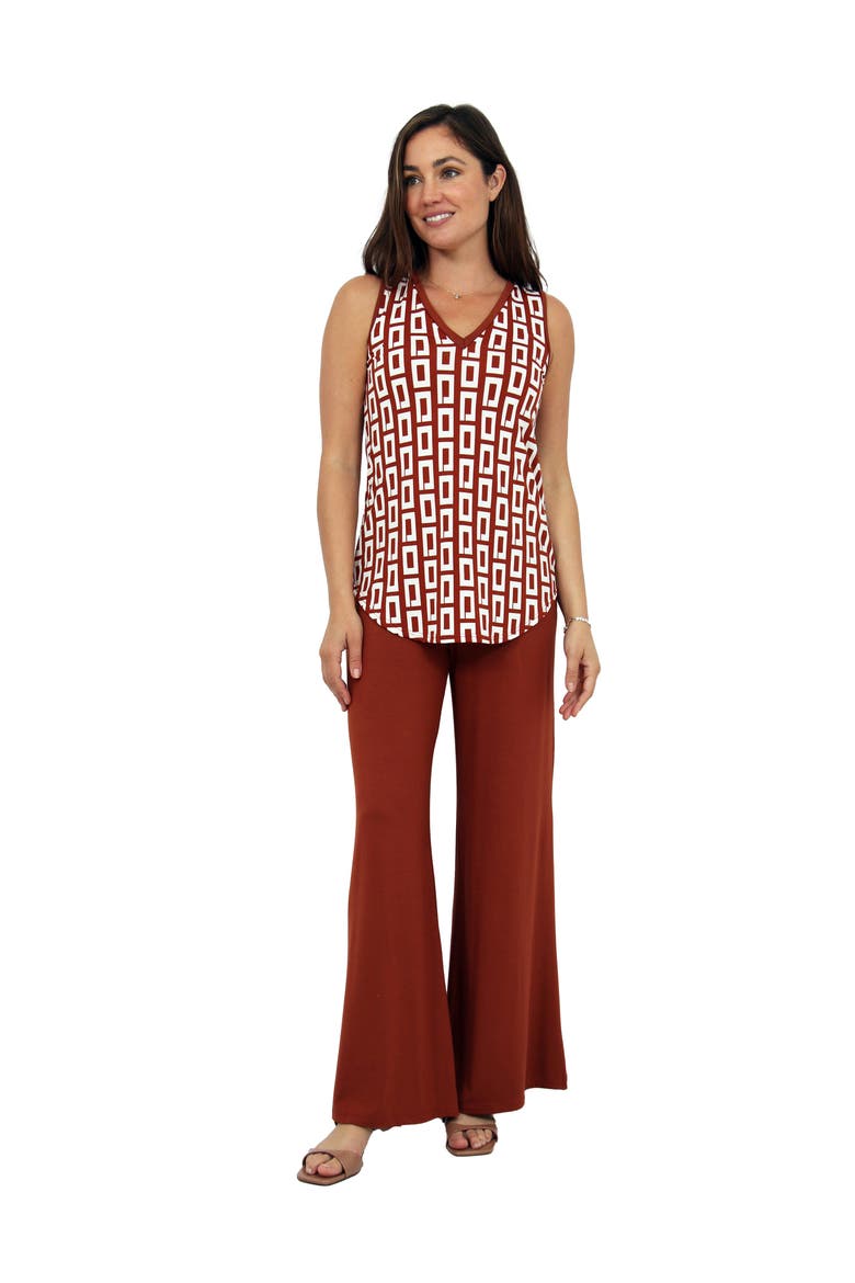Womens Essential Abstract Print V-Neck Sleeveless Round Hem Top and Elastic Waist Flared Pant Set, Main, color, Orange Multi