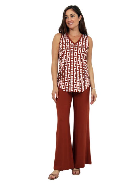 Womens Essential Abstract Print V-Neck Sleeveless Round Hem Top and Elastic Waist Flared Pant Set