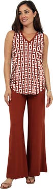 24seven Comfort Apparel Womens Essential Abstract Print V-Neck Sleeveless Round Hem Top and Elastic Waist Flared Pant Set