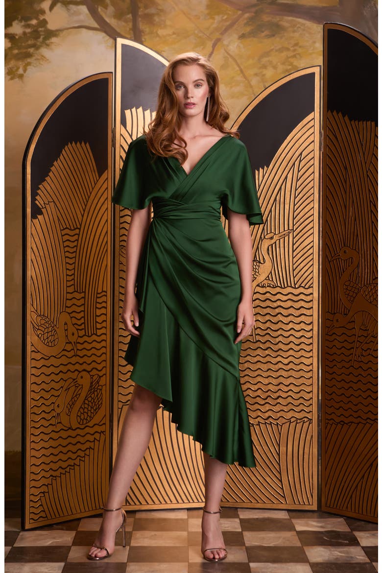 Gwen Ruffle Asymmetric Hem Elbow Sleeve Satin Faux Wrap Dress, Alternate, color, THORN