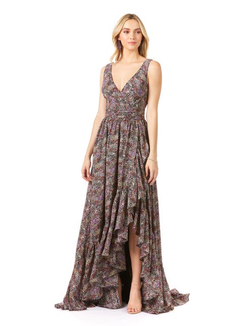 V-Neck Long Print Gown Hi-Low Wrap