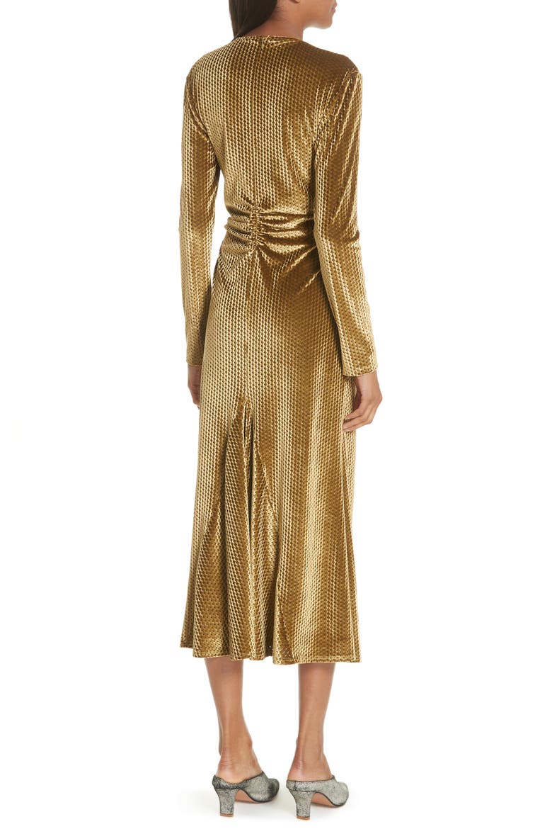 Ruched Velvet Jacquard Midi Dress, Alternate, color, GOLD