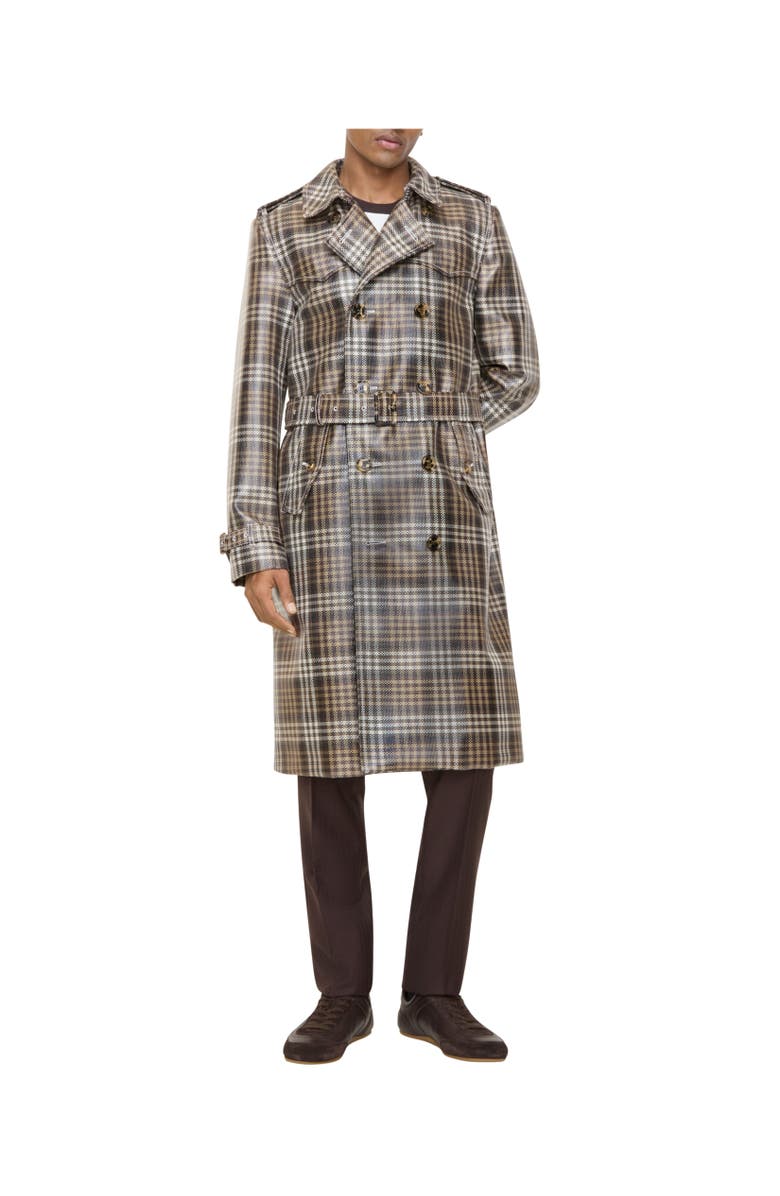 Burberry Long Check Coated Raffia-effect Foxfield Trench Coat, Alternate, color, Chalk White/Truffle Brown