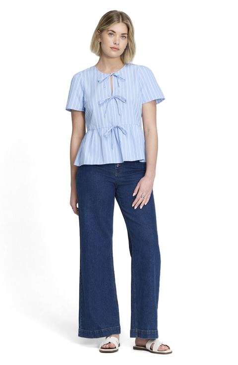 Bridie Stripe Cotton Tie Front Top