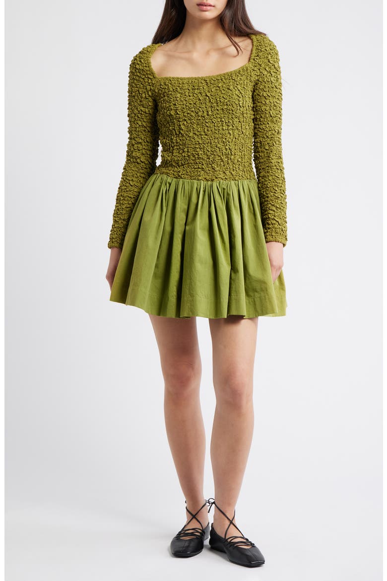 Malinda Smocked Long Sleeve Organic Cotton Minidress, Main, color, OLIVE