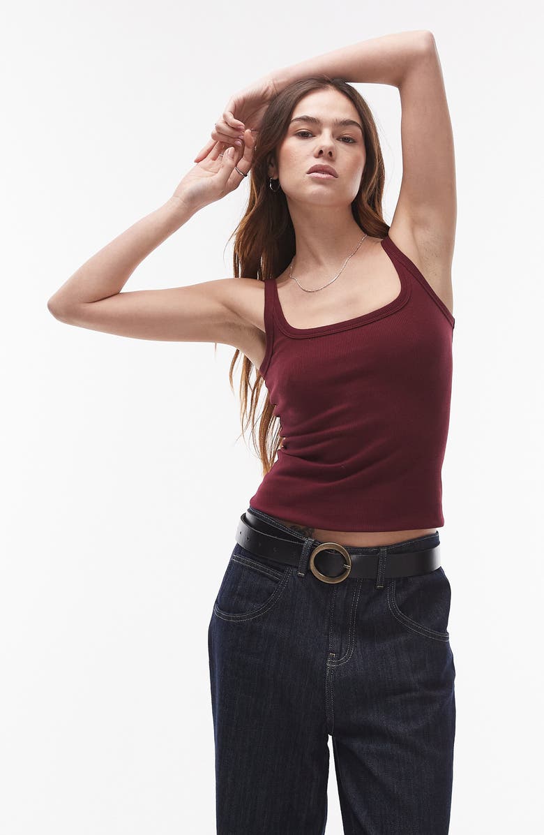 Topshop Scoop Neck Rib Tank, Main, color, Burgundy
