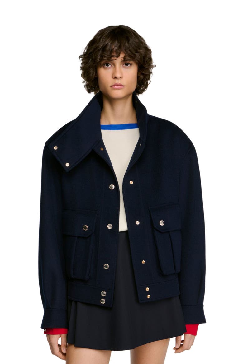 Double-faced standing collar coat, Alternate, color, Navy blue