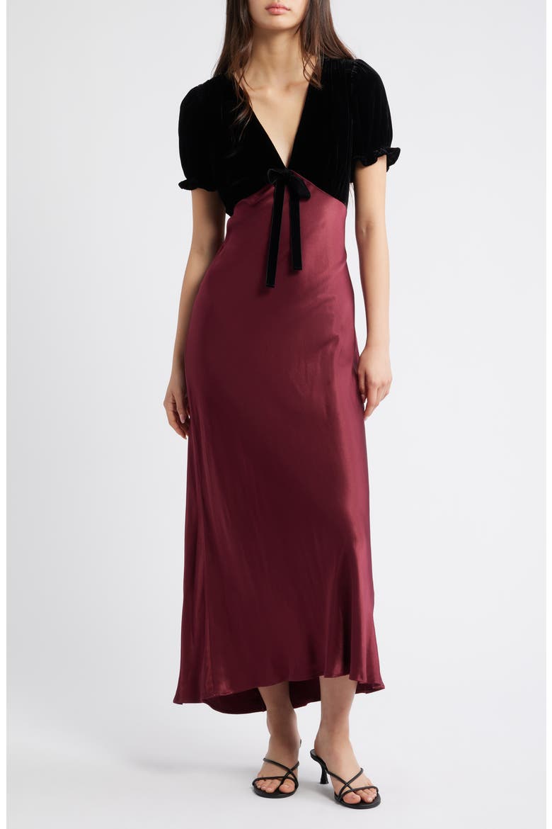 Dory Puff Sleeve Mixed Media Velvet & Satin Cocktail Dress, Main, color, GARNET