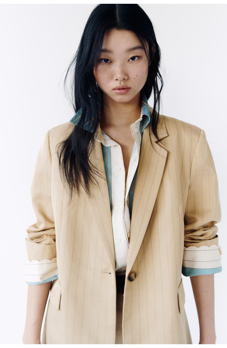 H&M Linen-blend blazer, Alternate, color, Beige/Pinstriped