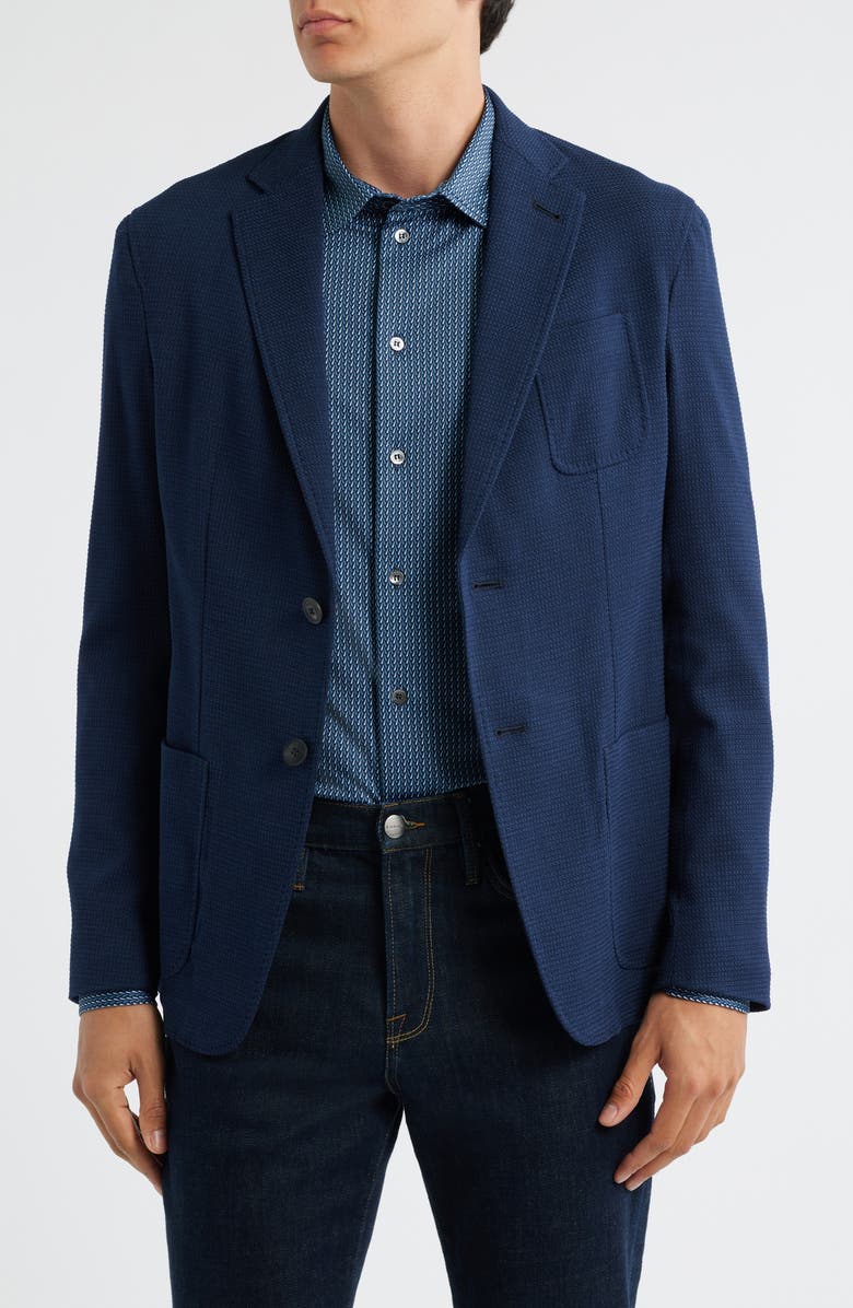 Emporio Armani Navy Textured Wool & Cotton Blend Sport Coat, Main, color, Navy