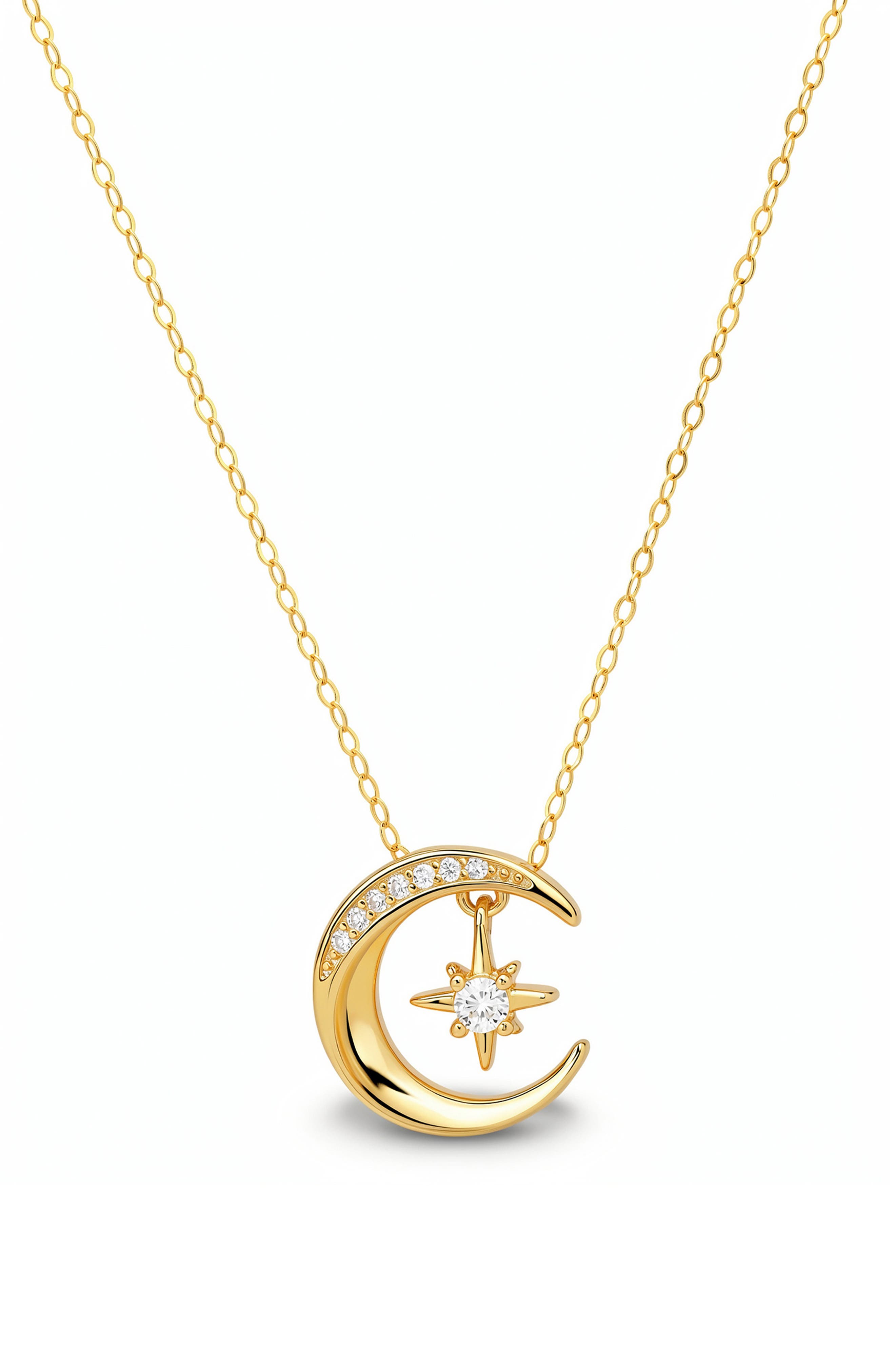 Sterling Silver Cubic Zirconia Moon & Star Pendant Necklace