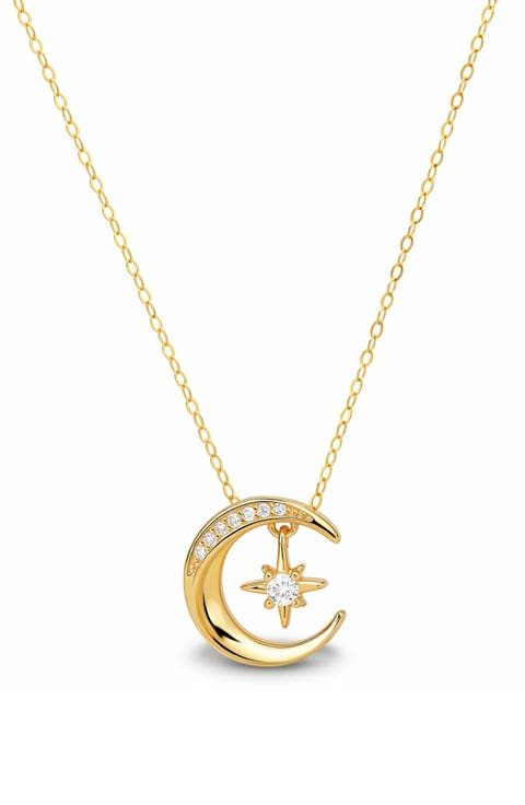 Sterling Silver Cubic Zirconia Moon & Star Pendant Necklace
