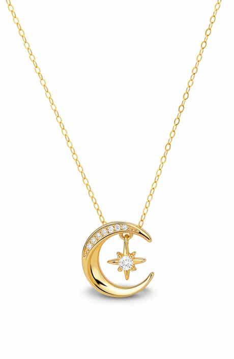 Sterling Silver Cubic Zirconia Moon & Star Pendant Necklace