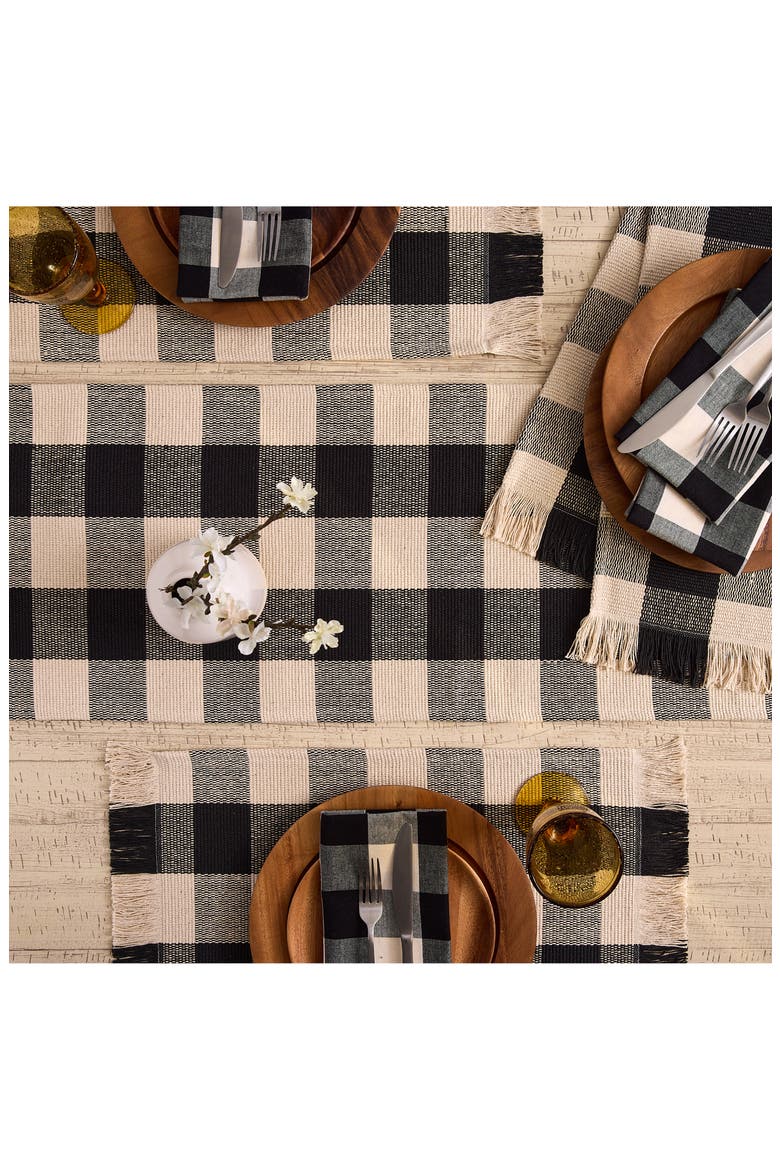 Checkered Fringe Cotton Table Runner, Alternate, color, BLACK