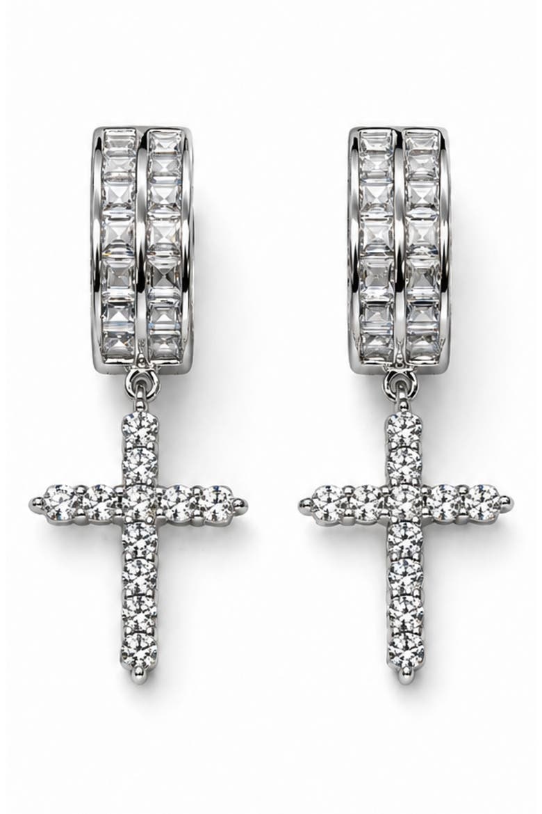 Cross Huggie Hoop Earrings, Main, color, SILVER PLATED