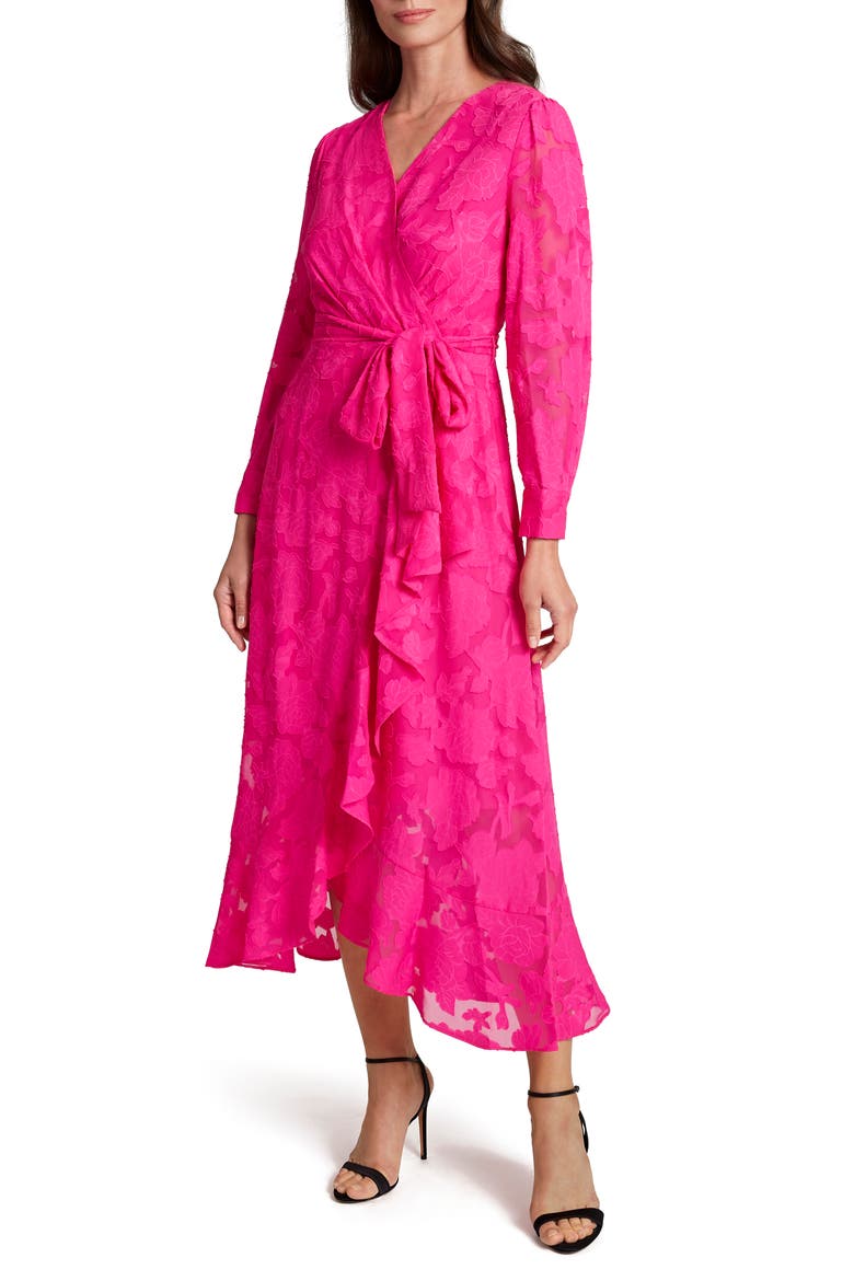 Chiffon Clip Long Sleeve Faux Wrap Maxi Dress, Main, color, SHOCKING PINK