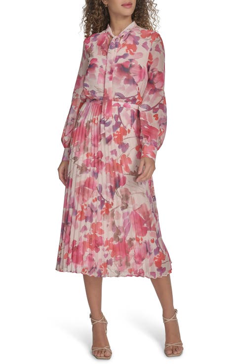 Floral Tie Neck Long Sleeve Pleated Chiffon Midi Dress