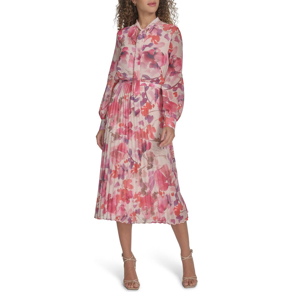Shop Calvin Klein Floral Tie Neck Long Sleeve Pleated Chiffon Midi Dress In Tulip Multi