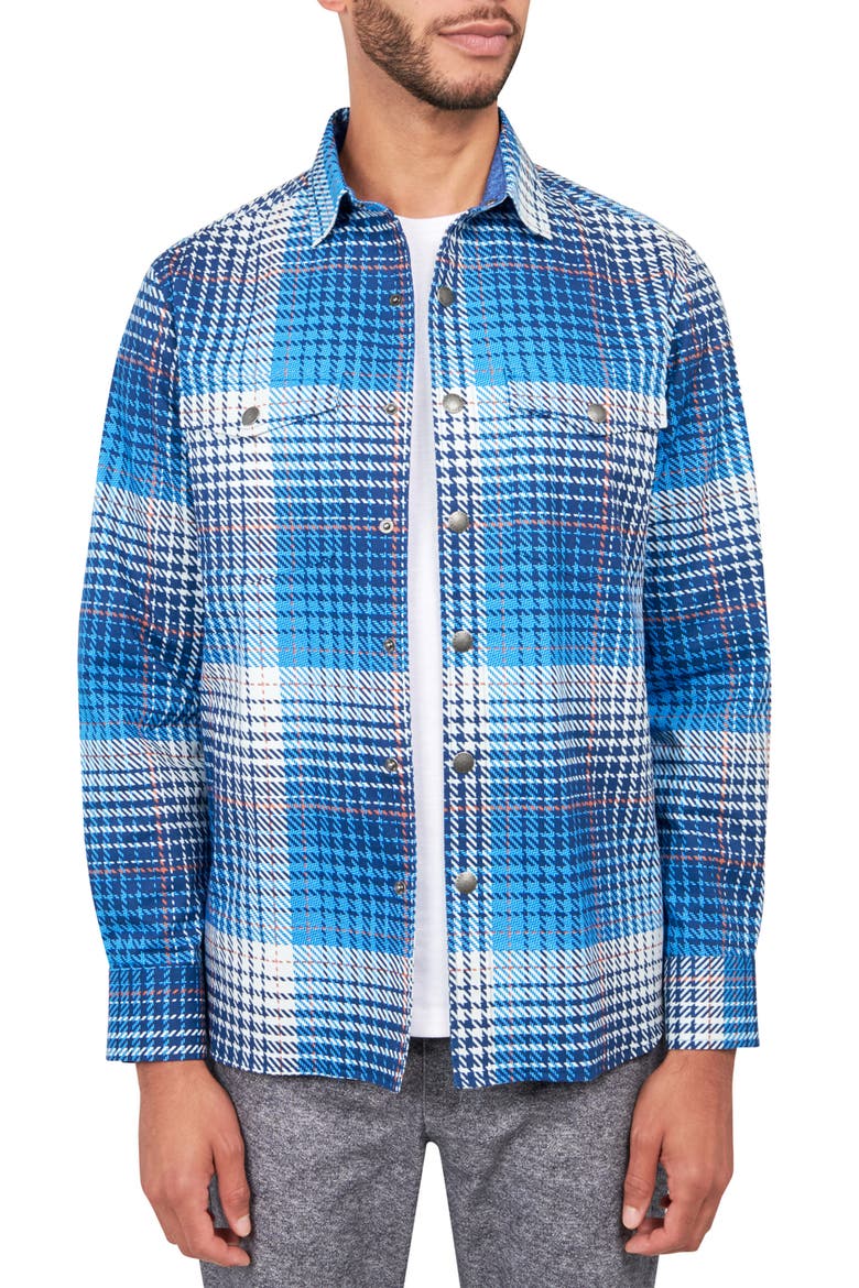 Slim Plaid Cotton Stretch Shirt Jacket, Alternate, color, BLUE