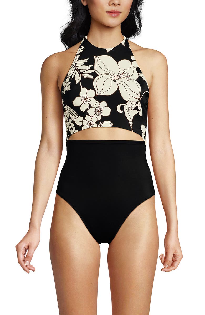Lands' End Tugless Halter Monokini High Leg One Piece Swimsuit, Alternate, color, Black/Egret Lilies