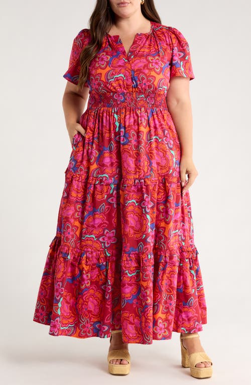 Sugarlips Raveena Floral Palmer Poplin Tiered Maxi Dress In Burgundy Multi In Brown