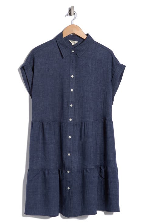 Rolled Short Sleeve Tiered Shirtdress
