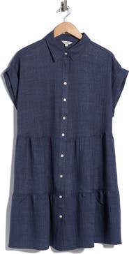 MAX STUDIO Rolled Short Sleeve Tiered Shirtdress