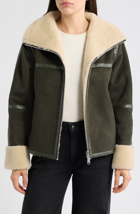 Faux Fur Trim Oversized Faux Suede Jacket