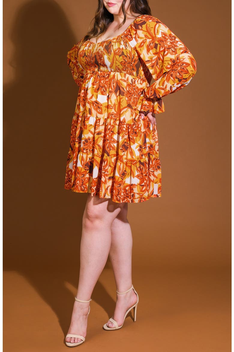 Smocked Printed Long Sleeve Minidress, Alternate, color, RUST