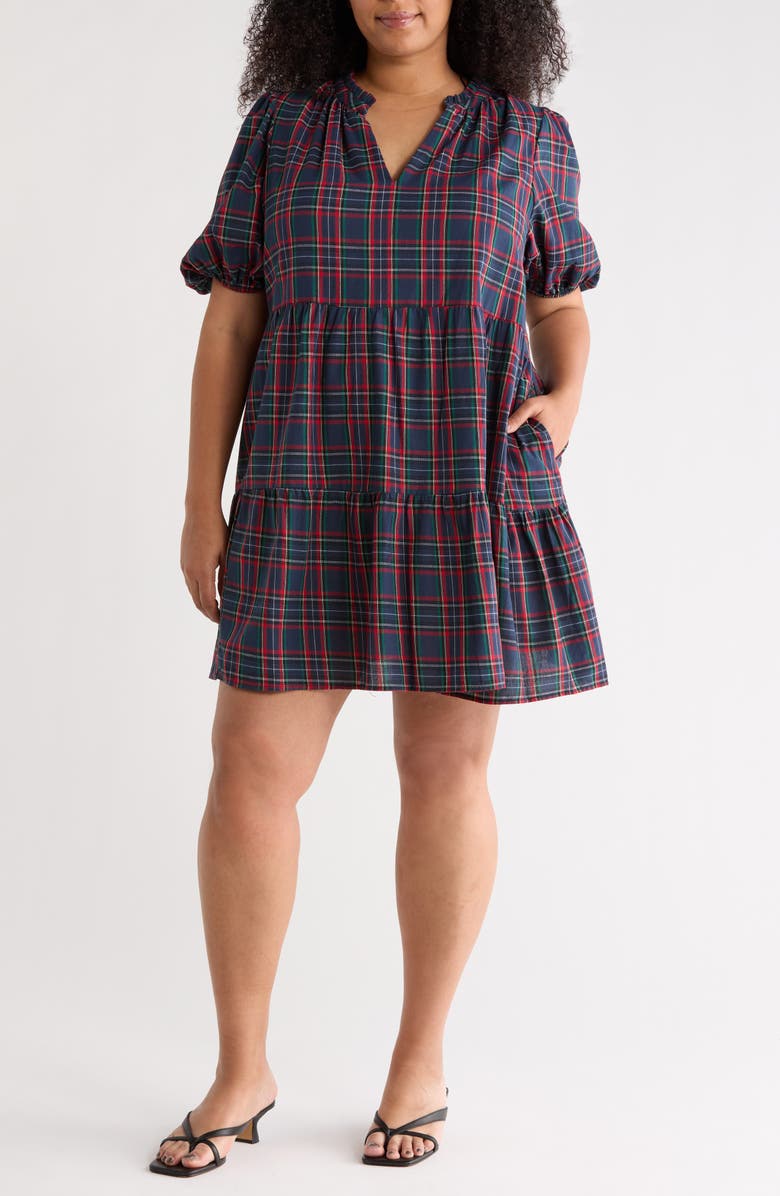 SUGARLIPS Chapman Plaid Puff Sleeve Dress, Main, color, Navy-Multi