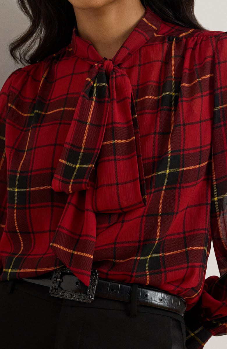 Lauren Ralph Lauren Plaid Tie Neck Chiffon Top, Alternate, color,
