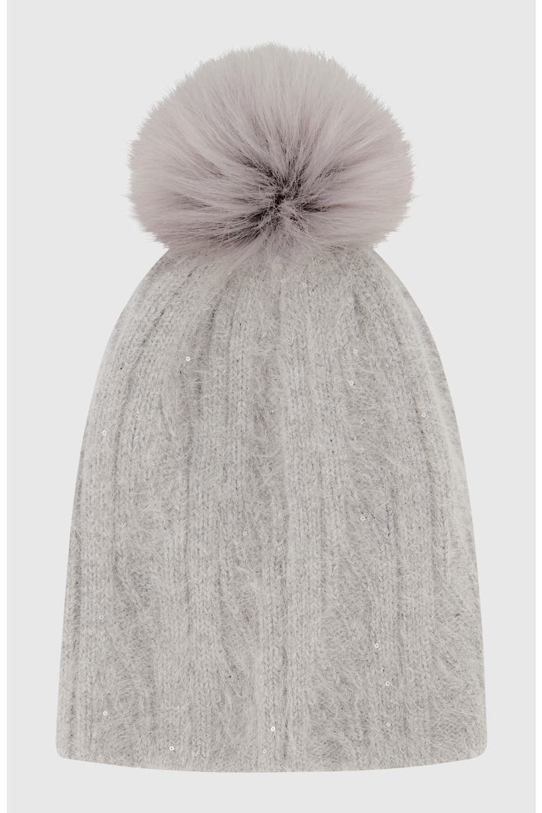 Beanie With Fur-Free Fox (Faux Fur) Pompom, Alternate, color, GRAY/GRAY