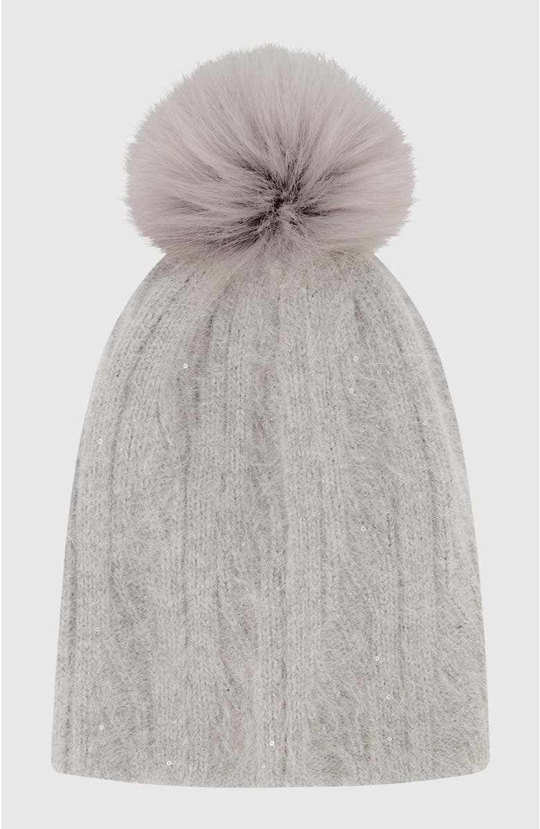 Lyla Grant Beanie With Fur-Free Fox (Faux Fur) Pompom, Alternate, color, Gray/Gray