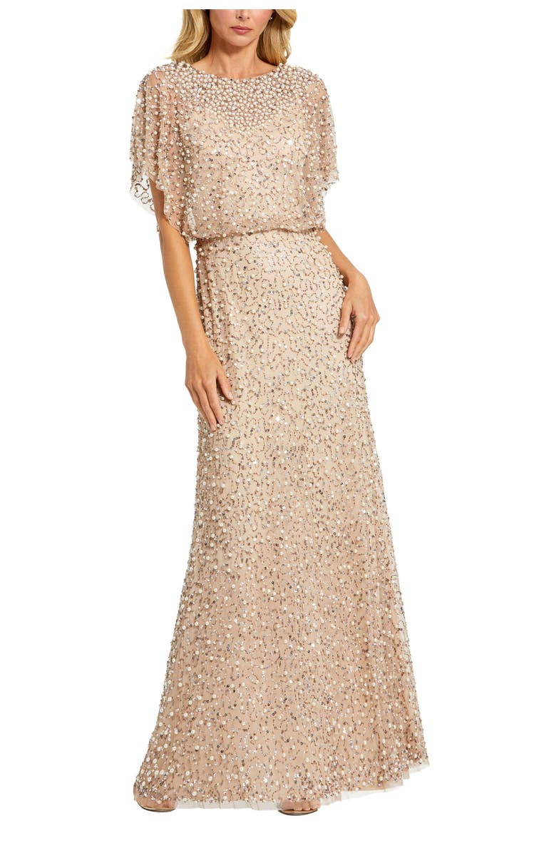 Mac Duggal Beaded Mesh Gown With Shawl, Main, color, Nude Gold