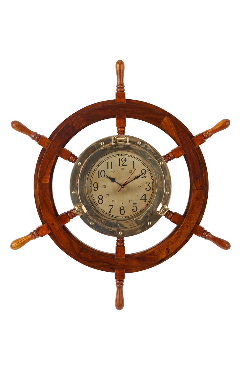 WILLOW ROW Goldtone Wood Ship wheel Sail Boat Wall Clock, Main, color, 