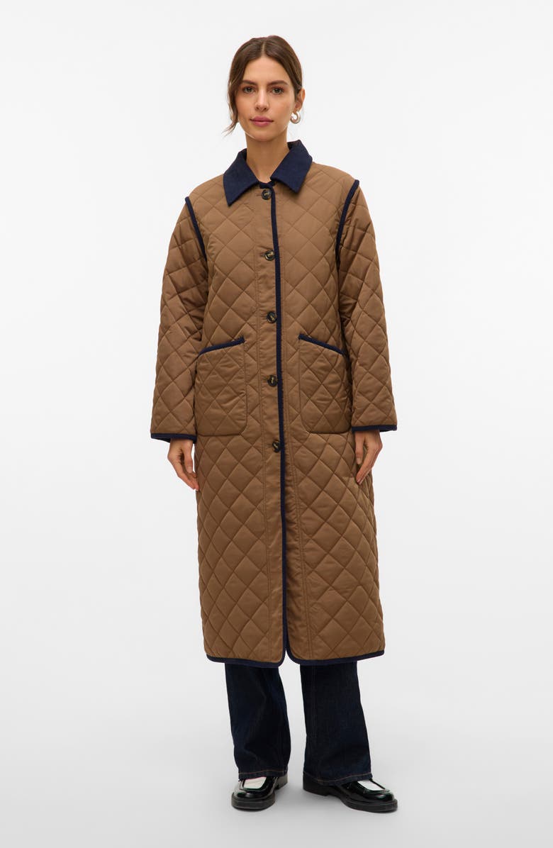 VERO MODA Emily Water Resistant Quilted Long Coat, Alternate, color, Cub Detail Navy Blazer